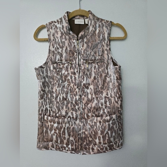 Chicos Quilted Metallic Vest Full Zip Brown Gold Animal Print Sz Small Leopard - Picture 1 of 11